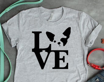 Camiseta unisex con texto en inglés "Chihuahua Love", adorable regalo para perros pequeños para amantes de las mascotas y lindo gráfico de cara de perro para dueños de chihuahuas