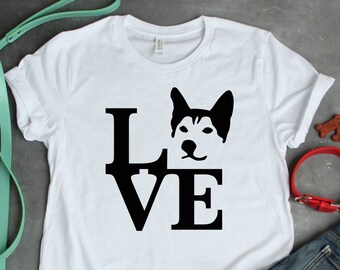 Camiseta unisex con texto en inglés "Husky Love", adorable regalo de husky siberiano para amantes de los perros y lindo gráfico de cara de perro para dueños de husky
