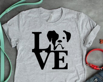 Camiseta unisex con el mensaje "Boxer Love", adorable regalo para amantes de las mascotas y lindo gráfico de cara de perro para dueños de boxers