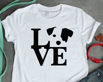 Camiseta unisex con el mensaje "Love Jack Russell", adorable regalo de terrier para amantes de los perros y lindo gráfico de cara de perro para dueños de mascotas terrier
