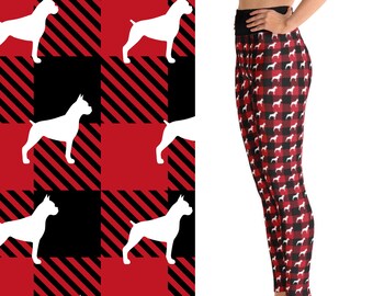 Leggings de perro bóxer para mujer, leggings de yoga de talla grande, leggings de cuadros escoceses, leggings de cintura alta estampados con bolsillo interior XS-6XL