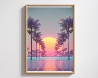 Impression Synthwave coucher de soleil • Art rétro de palmier (téléchargement numérique)