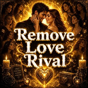 May include: A digital illustration featuring a couple in a golden glow with the text Remove Love Rival. The scene includes multiple portraits of a woman, two lit candles, a small framed sign reading Only Our Love Always Forever, and a heart.