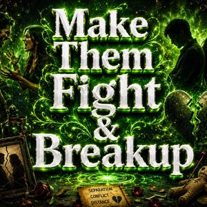 May include: A dark green graphic featuring the text Make Them Fight & Breakup in bold white letters. The scene includes silhouettes of two people arguing, a broken heart, a framed photo of a couple, candles, and a small voodoo doll figure.