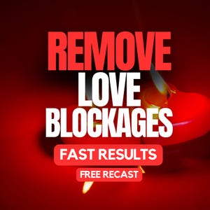 May include: Two red heart-shaped candles with lit wicks against a dark red background. The text reads: REMOVE LOVE BLOCKAGES, FAST RESULTS, FREE RECAST. The candles are positioned slightly behind the bold white and red text overlay.