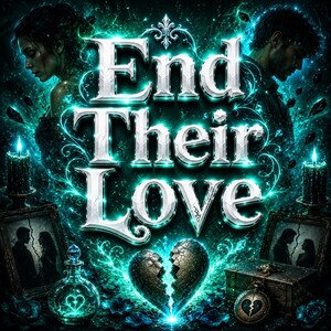 May include: A digital illustration featuring the text End Their Love in metallic silver lettering. The scene includes a glowing teal aura, two silhouetted figures, two lit candles, a glass bottle with a heart, a broken heart, and a small chest.