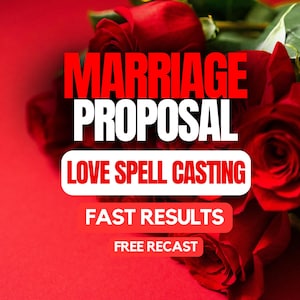 Può includere: Immagine con rose rosse e testo: "PROPOSTA DI MATRIMONIO INCANTESIMO D'AMORE RISULTATI VELOCI RIFACIMENTO GRATUITO" su sfondo rosso. Il testo è in bianco e rosso.