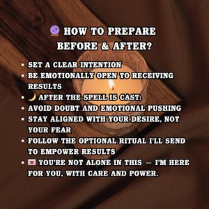 May include: A burning candle in a glass container rests on a wooden board. The image includes text with instructions on how to prepare before and after a spell, focusing on intentions and desires. The theme is spiritual.