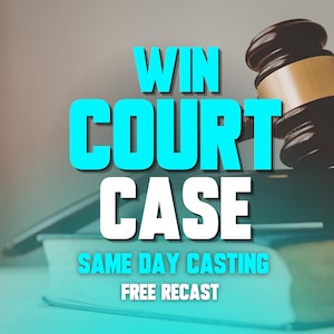 Könnte beinhalten: Das Bild zeigt den Text "WIN COURT CASE" in Türkis, mit "SAME DAY CASTING" und "FREE RECAST" darunter. Ein Hammer und ein Buch sind ebenfalls zu sehen, was auf ein juristisches Thema hindeutet.