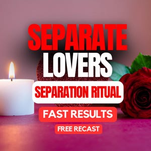 Puede incluir: Imagen con el texto "SEPARATE LOVERS", "SEPARATION RITUAL", "FAST RESULTS" y "FREE RECAST". También se ven una vela blanca encendida, una rosa roja y un corazón brillante. El fondo es un degradado de rosa y morado.