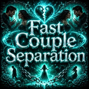 May include: A digital illustration featuring the text Fast Couple Separation in metallic silver lettering. The design includes a glowing teal aura, a fractured heart symbol, silhouettes of couples, and heavy metal chains against a dark background.