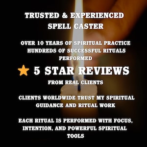 May include: Image with text: "TRUSTED & EXPERIENCED SPELL CASTER" and "5 STAR REVIEWS". The image shows a lit candle with text detailing spiritual practice, successful rituals, and client trust.