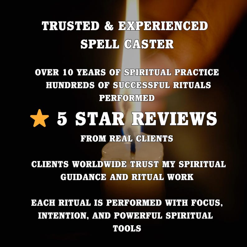 May include: Image with text: "TRUSTED & EXPERIENCED SPELL CASTER" and "5 STAR REVIEWS". The image shows a lit candle with text detailing spiritual practice, successful rituals, and client trust.