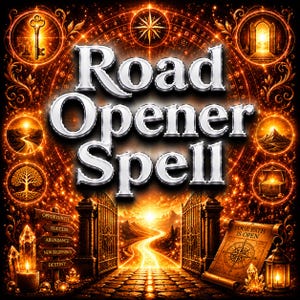 May include: A digital graphic titled Road Opener Spell featuring metallic silver text against a glowing orange background. The image includes a central open gate, a winding path, a key, a treasure chest, crystals, and a scroll with the text Your Path Is Open.