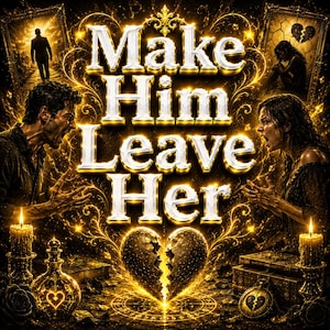May include: A digital illustration featuring the text "Make Him Leave Her" in bold, metallic gold lettering. The scene depicts a man and a woman in distress, surrounded by glowing golden filigree, lit candles, a broken heart icon, and dark frames.