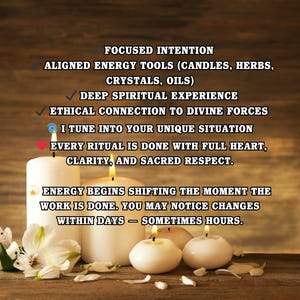 May include: A tranquil image showing lit candles of different sizes, with white flowers and text highlighting focused intention, aligned energy tools, and deep spiritual experience. The text also mentions ethical connections and ritual clarity.