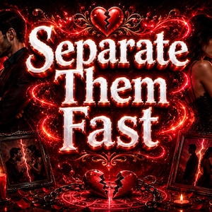 May include: A dark red and black graphic featuring the text Separate Them Fast in bold white lettering. The image includes a broken heart icon, two framed portraits of a couple, lit red candles, and a circular ritualistic symbol on the ground.