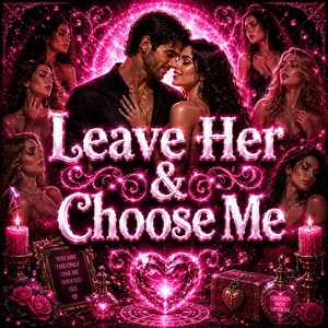 May include: A digital illustration in vibrant pink tones featuring a couple surrounded by multiple women, with the text Leave Her & Choose Me. Below, a heart-shaped crystal, two candles, a small framed sign reading You are the only one he should see, and a box with a bottle labeled Chosen Not Option.