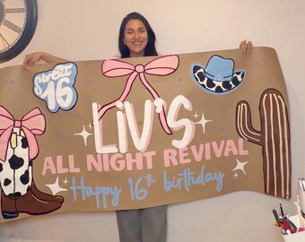 Pancarta Western para Dulces 16 / Decoración de Cumpleaños de Vaquera Rosa / Pancarta con Nombre Personalizado / Fondo de Fiesta Western Coquette / Letrero Hecho a Mano para Dulces Dieciséis