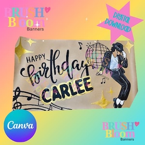 May include: A rectangular banner on tan paper featuring the black text Happy Birthday Carlee. The design includes a disco ball, musical notes, and gold star accents. A figure in a black suit, white shirt, and hat is depicted in a dance pose.
