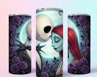 Cyfrowy wydruk artystyczny Jack i Sally, gotycki romans, sublimacja, ilustracja miłosna szkieletowej pary, dekoracja ścienna „Miasteczko Halloween”