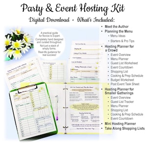 May include: A party and event hosting kit digital download. The kit includes a practical guide for novice to expert, menu ideas, event overviews, guest list worksheets, shopping lists, and more. The kit is completely hand designed and curated.