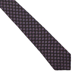 May include: A dark brown necktie featuring a repeating pattern of small paisley motifs. Each individual paisley shape is outlined in light blue and filled with a deep red center, creating a consistent and uniform design across the entire fabric surface.