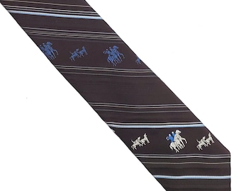 Corbata vintage Via Re marrón con rayas azules, estampado de zorro, caballos y perros, estilo ecuestre, 3 x 55