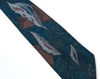 Corbata WemSilk Wembley color azul verdoso, gris, con estampado floral y plumas, de jacquard, 3,75 x 58 pulgadas.