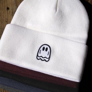 Embroidered Ghost Patch Beanie, Unisex Cuffed Acrylic Knit Hat, Halloween Gift