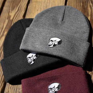 Embroidered Skull Patch Beanie, Unisex Cuffed Knit Hat, Punk Winter Accessory