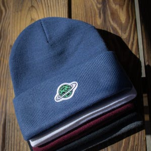 Embroidered Ringed Planet Beanie, Soft Acrylic Knit Hat, Unisex Cosmic Cuff