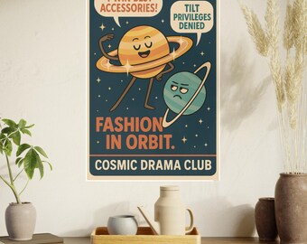 May include: A vintage-style poster with a space theme. It features cartoon planets with speech bubbles that read "I WIN BEST ACCESSORIES!" and "TILT PRIVILEGES DENIED." The text "FASHION IN ORBIT" and "COSMIC DRAMA CLUB" are also displayed.