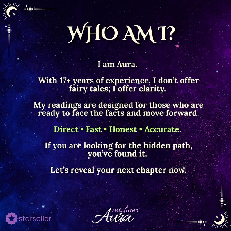 Mystical purple and blue celestial background featuring 'Who Am I?' text. Personal introduction of Aura, a psychic reader with 17+ years of experience offering clear, direct, and accurate tarot insights. Includes a Star Seller badge and Medium Aura logo.