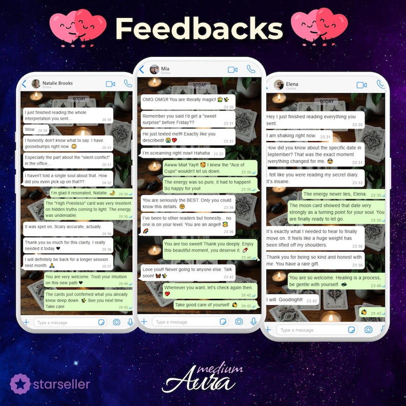 Three mobile phone mockups displaying positive message exchanges between Aura and her clients. Messages show clients' amazement at accurate dates, hidden details, and 'spot on' interpretations. Clients express gratitude for the clarity and healing provided. Background features a mystical galaxy theme with the Medium Aura logo.