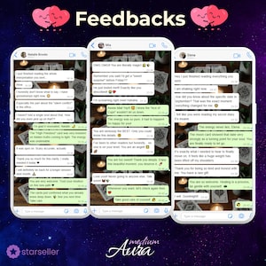 Three mobile phone mockups displaying positive message exchanges between Aura and her clients. Messages show clients' amazement at accurate dates, hidden details, and 'spot on' interpretations. Clients express gratitude for the clarity and healing provided. Background features a mystical galaxy theme with the Medium Aura logo.