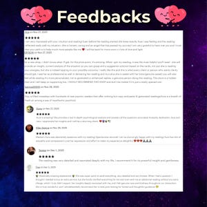 A collection of 5-star customer reviews for Medium Aura on Etsy. Testimonials highlight wonderful, detailed, and insanely accurate psychic readings. Clients mention gaining clarity, enlightenment, and feeling a deep connection with the reader. Cosmic purple background with 'Feedbacks' title and Star Seller badge.