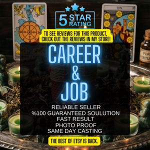 May include: A silver tray holds green candles and tarot cards. Text reads: 5 STAR RATING, TO SEE REVIEWS FOR THIS PRODUCT, CHECK OUT THE REVIEWS IN MY STORE!, CAREER & JOB, RELIABLE SELLER, %100 GUARANTEED SOULUTION, FAST RESULT, PHOTO PROOF, SAME DAY CASTING, THE BEST OF ETSY IS BACK.