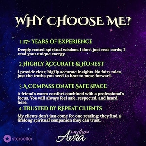 Infographic titled 'Why Choose Me?' highlighting the benefits of choosing Medium Aura. Features: 17+ years of spiritual experience, highly accurate and honest insights, a compassionate safe space for clients, and trust from repeat customers. Mistic galaxy background.