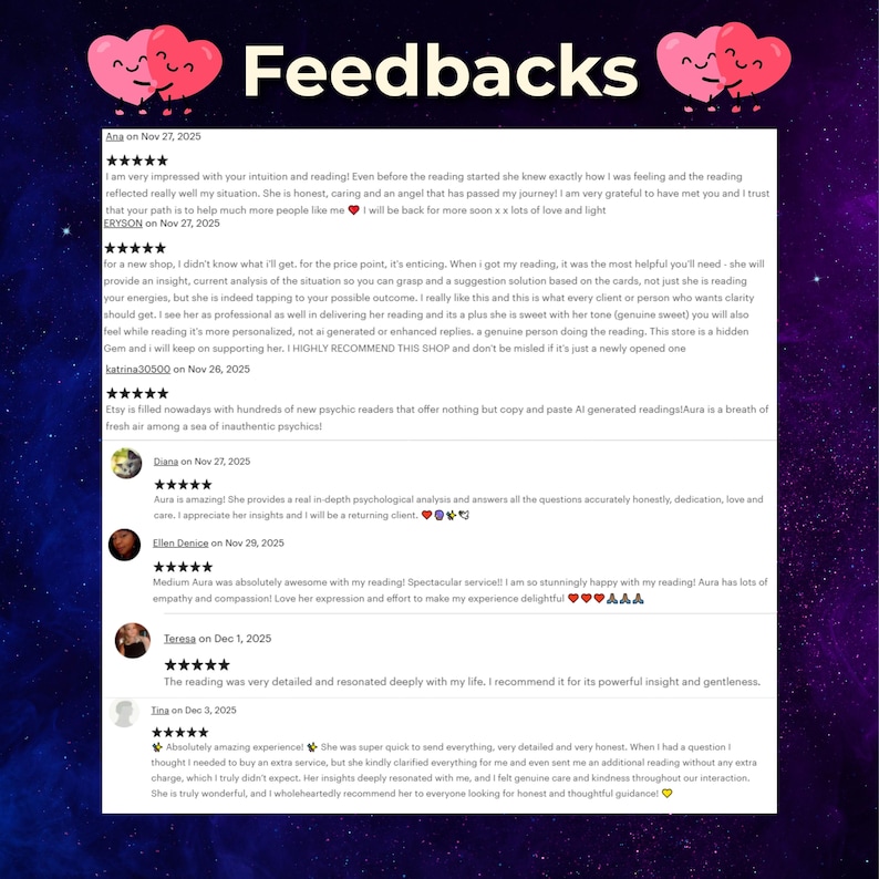 Infographic titled 'Why Choose Me?' highlighting the benefits of choosing Medium Aura. Features: 17+ years of spiritual experience, highly accurate and honest insights, a compassionate safe space for clients, and trust from repeat customers. Mistic galaxy background.