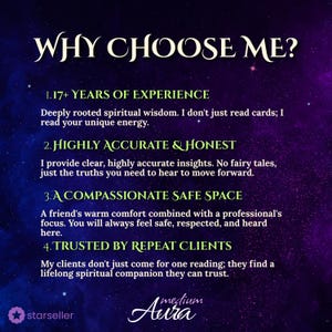 Infographic titled 'Why Choose Me?' highlighting the benefits of choosing Medium Aura. Features: 17+ years of spiritual experience, highly accurate and honest insights, a compassionate safe space for clients, and trust from repeat customers. Mistic galaxy background.