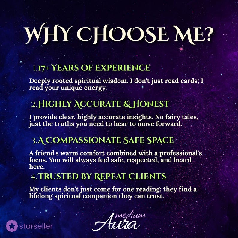 Infographic titled 'Why Choose Me?' highlighting the benefits of choosing Medium Aura. Features: 17+ years of spiritual experience, highly accurate and honest insights, a compassionate safe space for clients, and trust from repeat customers. Mistic galaxy background.