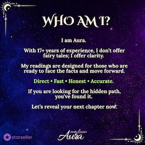 Mystical purple and blue celestial background featuring 'Who Am I?' text. Personal introduction of Aura, a psychic reader with 17+ years of experience offering clear, direct, and accurate tarot insights. Includes a Star Seller badge and Medium Aura logo.
