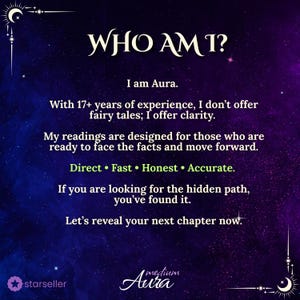 May include: A digital graphic with a dark blue and purple starry background. The text "WHO AM I?" is at the top, followed by text that reads "I am Aura." and describes Aura's services. The words "Direct, Fast, Honest, Accurate" are highlighted in green.