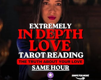 May include: A digital graphic featuring the text EXTREMELY IN DEPTH LOVE TAROT READING, THE TRUTH ABOUT YOUR LOVE, SAME HOUR, and SWIPE FOR MORE with an arrow icon. A purple Etsy Star Seller badge with a white star is centered at the bottom.