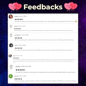 A collection of 5-star customer reviews for Medium Aura on Etsy. Testimonials highlight wonderful, detailed, and insanely accurate psychic readings. Clients mention gaining clarity, enlightenment, and feeling a deep connection with the reader. Cosmic purple background with 'Feedbacks' title and Star Seller badge.