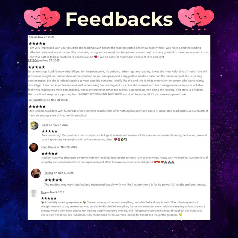 Infographic titled 'Why Choose Me?' highlighting the benefits of choosing Medium Aura. Features: 17+ years of spiritual experience, highly accurate and honest insights, a compassionate safe space for clients, and trust from repeat customers. Mistic galaxy background.