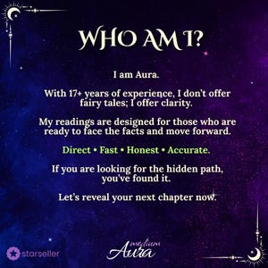 Mystical purple and blue celestial background featuring 'Who Am I?' text. Personal introduction of Aura, a psychic reader with 17+ years of experience offering clear, direct, and accurate tarot insights. Includes a Star Seller badge and Medium Aura logo.