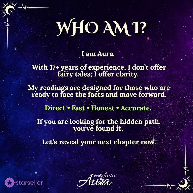 Mystical purple and blue celestial background featuring 'Who Am I?' text. Personal introduction of Aura, a psychic reader with 17+ years of experience offering clear, direct, and accurate tarot insights. Includes a Star Seller badge and Medium Aura logo.