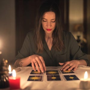 Puede incluir: Una persona est&aacute; sentada a una mesa, colocando cartas del tarot. Las cartas son rectangulares con un dise&ntilde;o de sol. Velas encendidas en rojo y blanco iluminan la escena, creando un ambiente c&aacute;lido e &iacute;ntimo. La persona lleva una camisa verde y tiene el pelo largo y casta&ntilde;o.